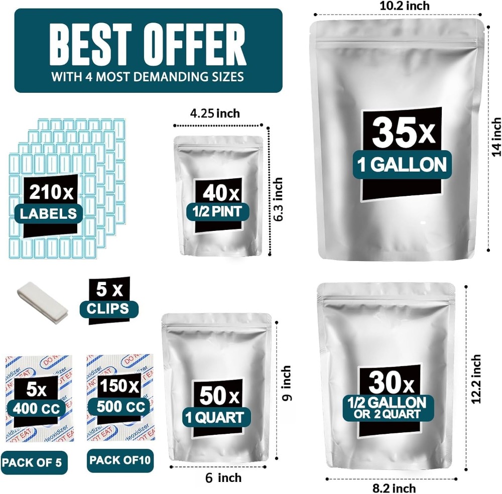 155 Bolsas de Mylar con 155 Ab - Food Storage For Long Term reseña y precio